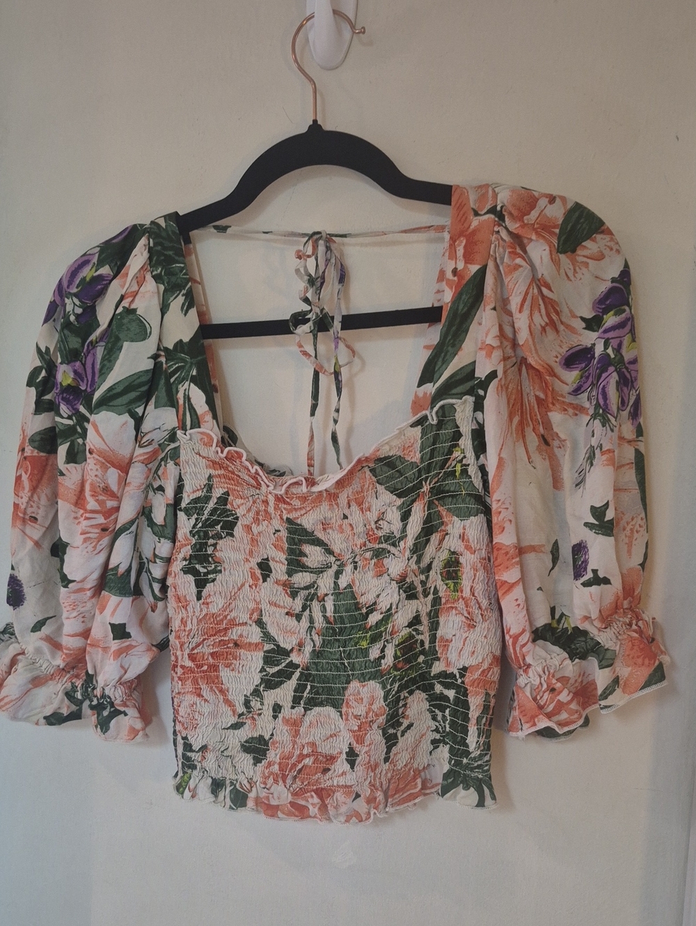 H&M Peach, Green & Purple Floral Smocked Square-Neck Crop Top